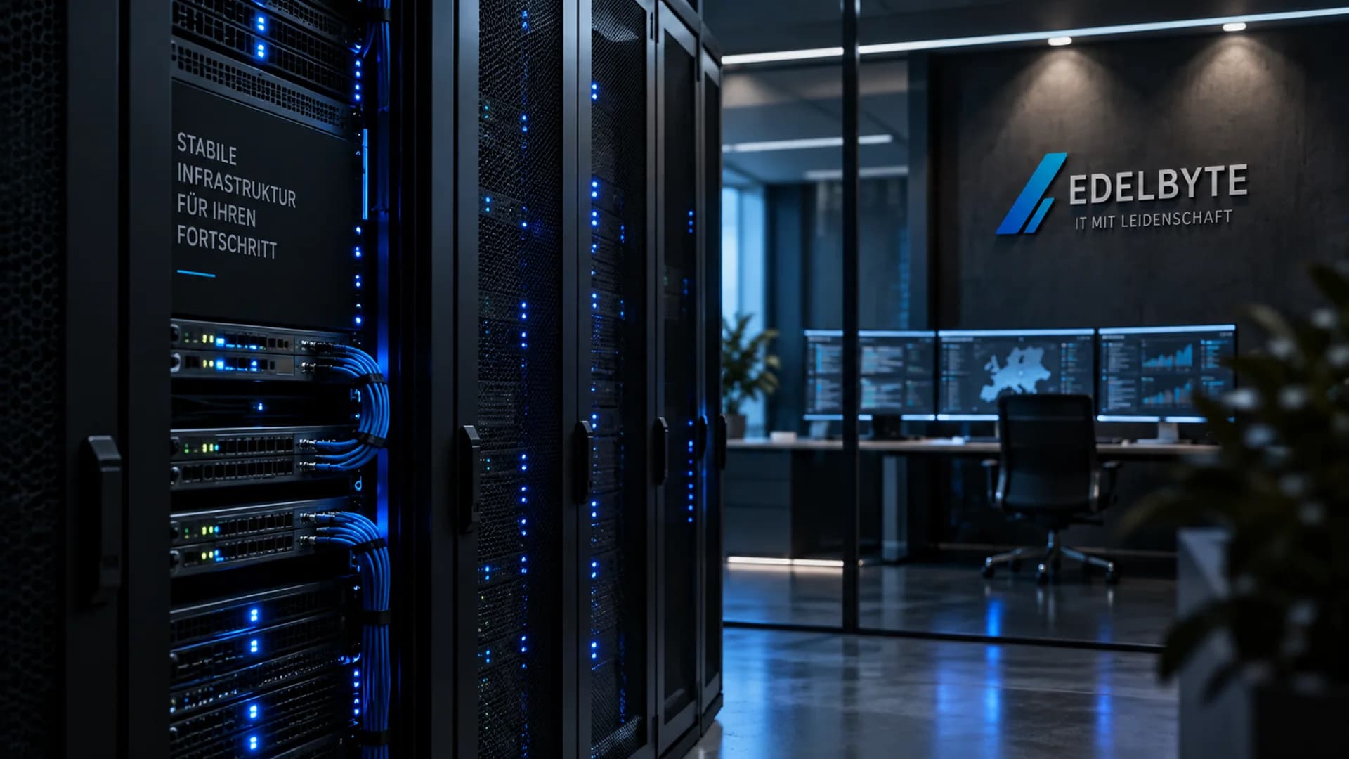 Serverschrank mit blau beleuchteten Systemen, dahinter ein Büro