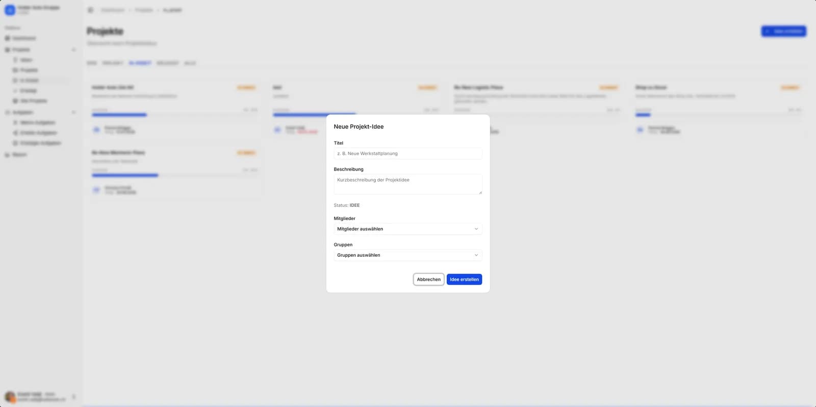 Screenshot: Projektverwaltung